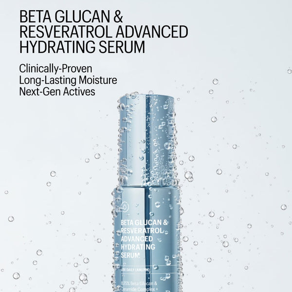 Bottle of Beta Glucan & Resveratrol Advanced Hydrating Serum with water droplets on a light gray background