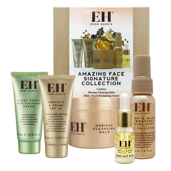 Collection of Emma Hardie skincare products with packaging on a white background