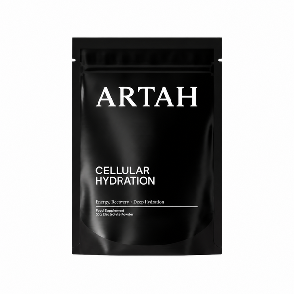 A black stand-up pouch of ARTAH Cellular Hydration food supplement powder, featuring white text on a clean white background.