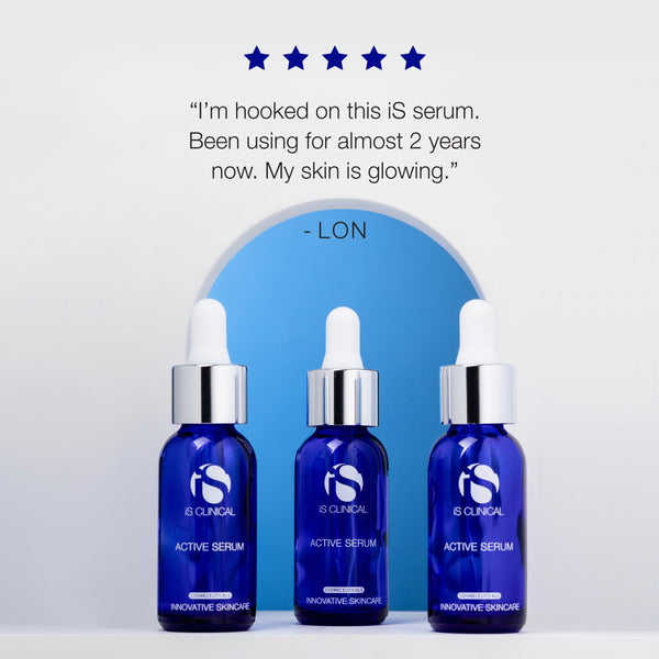 Three blue serum bottles with droppers on a light gray background, featuring a five-star rating and customer review.