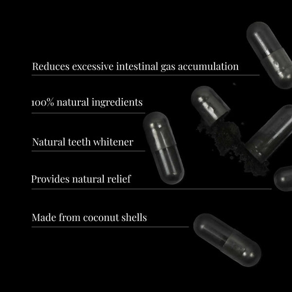Capsules with text highlighting benefits on a black background