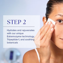 Woman applying cream to her face with text about Extremozyme technology and botanicals.