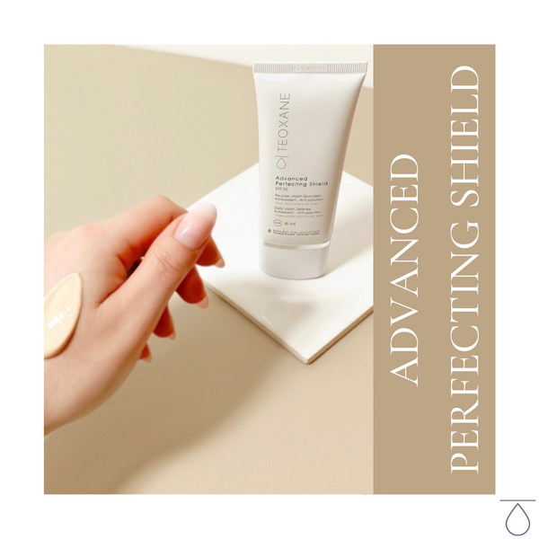 a hand with a smear of cream on the wrist next to a tube of Teoxane (Teosyal) Advanced Perfecting Shield SPF 30