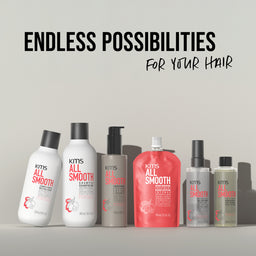 KMS All Smooth hair care products on a gray background with 'Endless Possibilities for Your Hair' text.