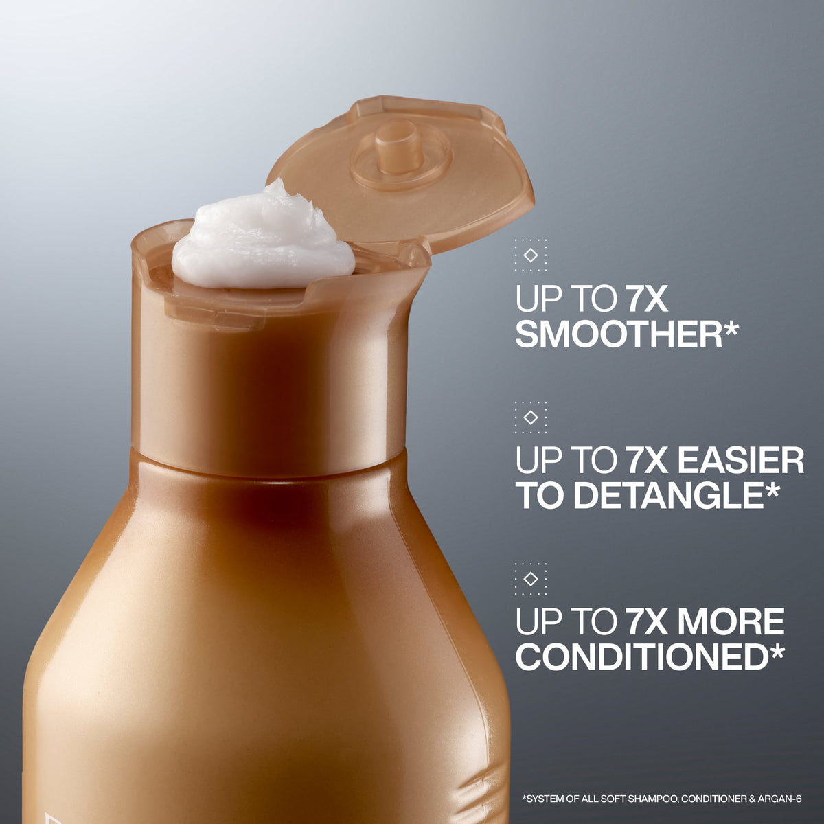 Brown hair care product bottle with text highlighting benefits on a gray background