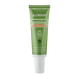 Green tube of Altruist Dermatologist sunscreen on a white background