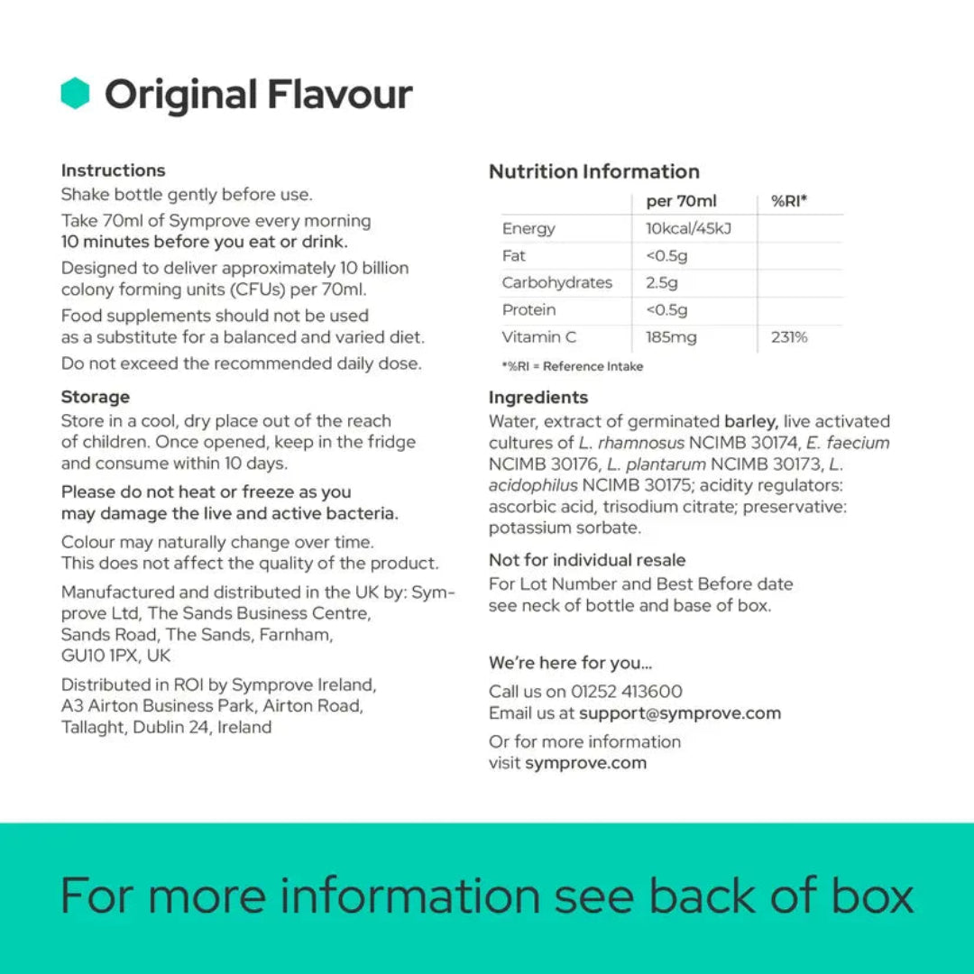 A white information card for Original Flavour probiotic supplements, displaying instructions, nutrition facts, ingredients, and contact details, with a teal brand logo at the top left.