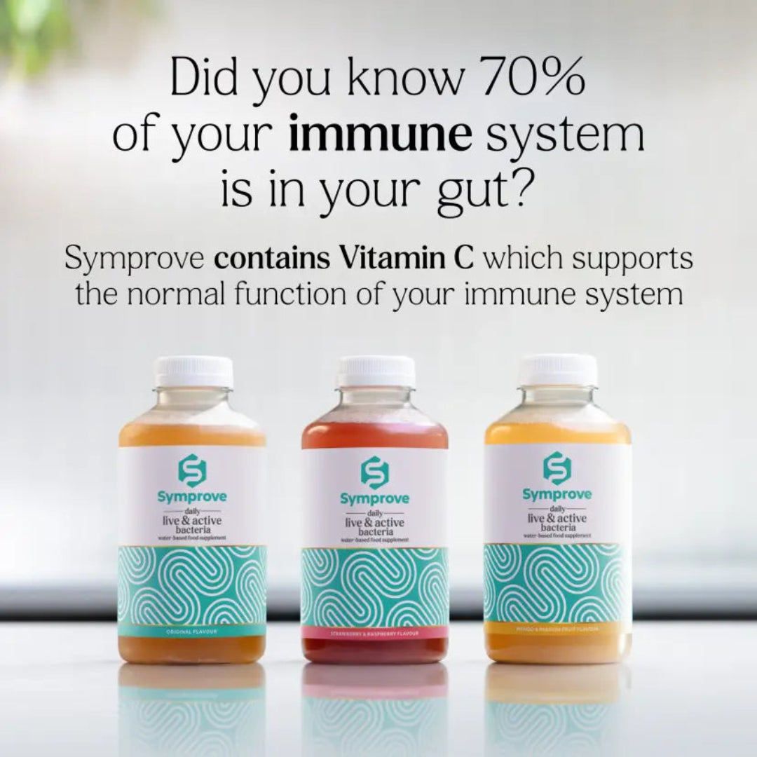 Three Symprove bottled liquid supplements arranged on a reflective surface with promotional text above. The bottles have white caps, white labels with teal Symprove branding, and different liquid colors: amber, reddish-pink, and golden yellow.