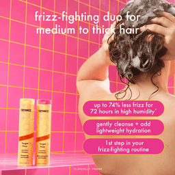 Advertisement for a hair care product with a person washing hair against a pink grid background