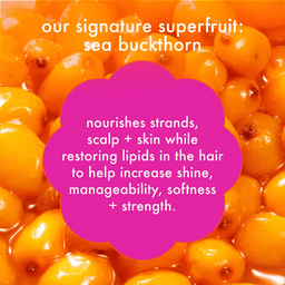 Close-up of sea buckthorn berries with promotional text about their benefits for hair health.