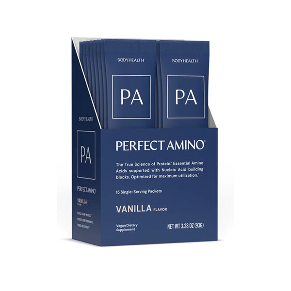 A display box of Perfect Amino Vanilla Flavor single-serve protein packets, showing the blue packaging with white text and the PA logo.