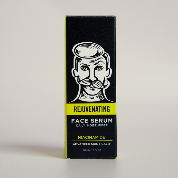 Box of Rejuvenating Face Serum with a stylized face illustration on a light gray background
