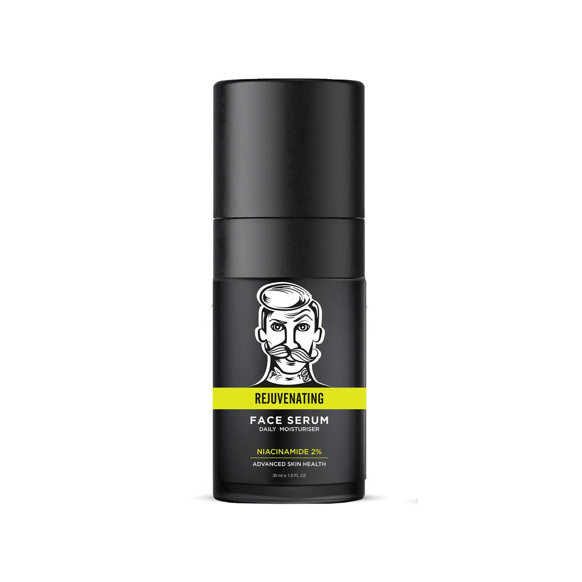 Black face serum bottle with a yellow label on a white background