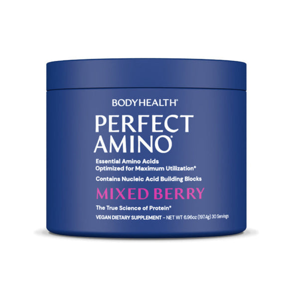 Blue container of BodyHealth Perfect Amino with 'Mixed Berry' flavor on a white background