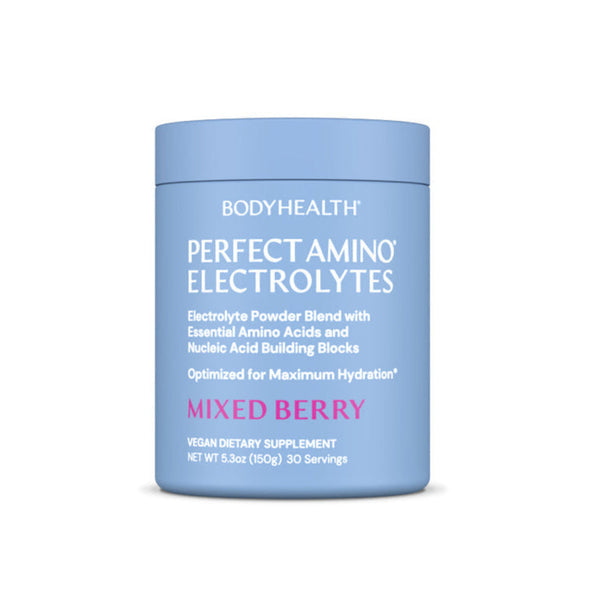 A light blue plastic tub of BodyHealth Perfect Amino Electrolytes in Mixed Berry flavor, shown on a clean white background.