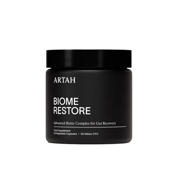 Black jar labeled 'BIOME RESTORE' by ARTAH on a white background with two certification logos above it.