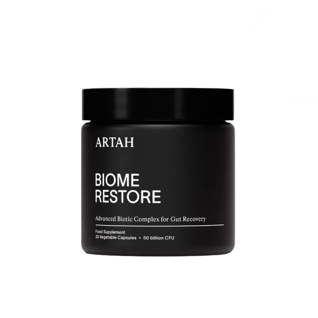 Black jar labeled 'BIOME RESTORE' by ARTAH on a white background with two certification logos above it.