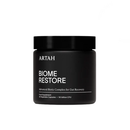 Black jar labeled 'BIOME RESTORE' by ARTAH on a white background with two certification logos above it.