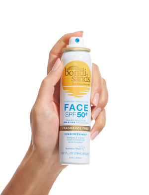 Bondi Sands Face Mist SPF50+ bottle held in a hand