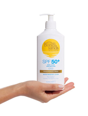 Bondi Sands SPF 50+ Fragrance Free Sunscreen Pump held in a hand