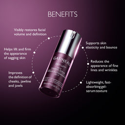 Gatineau Def Lift 3D facial volume serum bottle shown on a dark purple background with surrounding benefit text callouts.