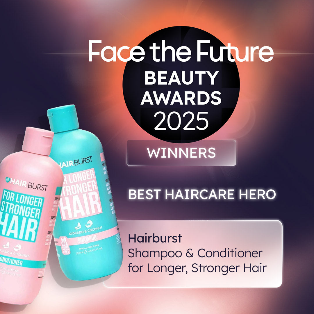 Hairburst shampoo and conditioner bottles with 'Face the Future Beauty Awards 2025' text on a dark background
