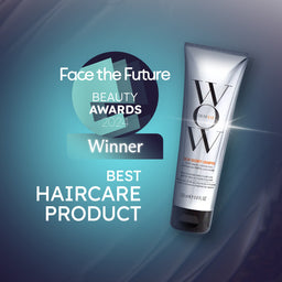 Shampoo bottle with 'Face the Future Beauty Awards 2024' winner label on a blue gradient background