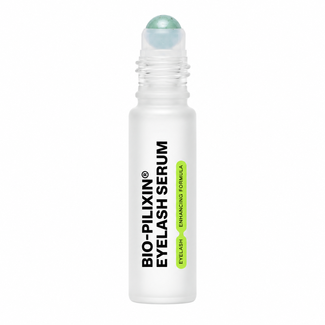 A frosted white roll-on bottle of Bio-Pilxin Eyelash Serum with a clear cap and a light green bead, shown on a solid white background.