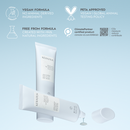 Kerastik hair care products with certification logos on a light blue background