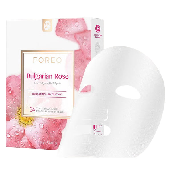 Foreo Bulgarian Rose hydrating sheet mask packaging box next to a single white sheet mask on a clean white background.