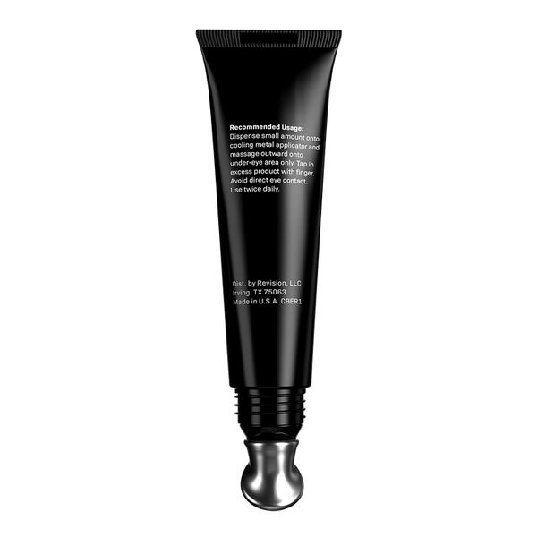 A black cosmetic tube with a metallic silver ball applicator tip, shown vertically on a plain white background. White text on the tube reads 'Recommended Uses: cleanse small eyelash impurities, gently massage eyelids and around the eyes, use once daily.