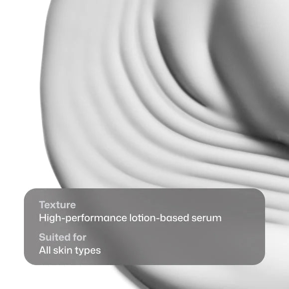 Close-up of skin texture with text about a high-performance lotion-based serum.
