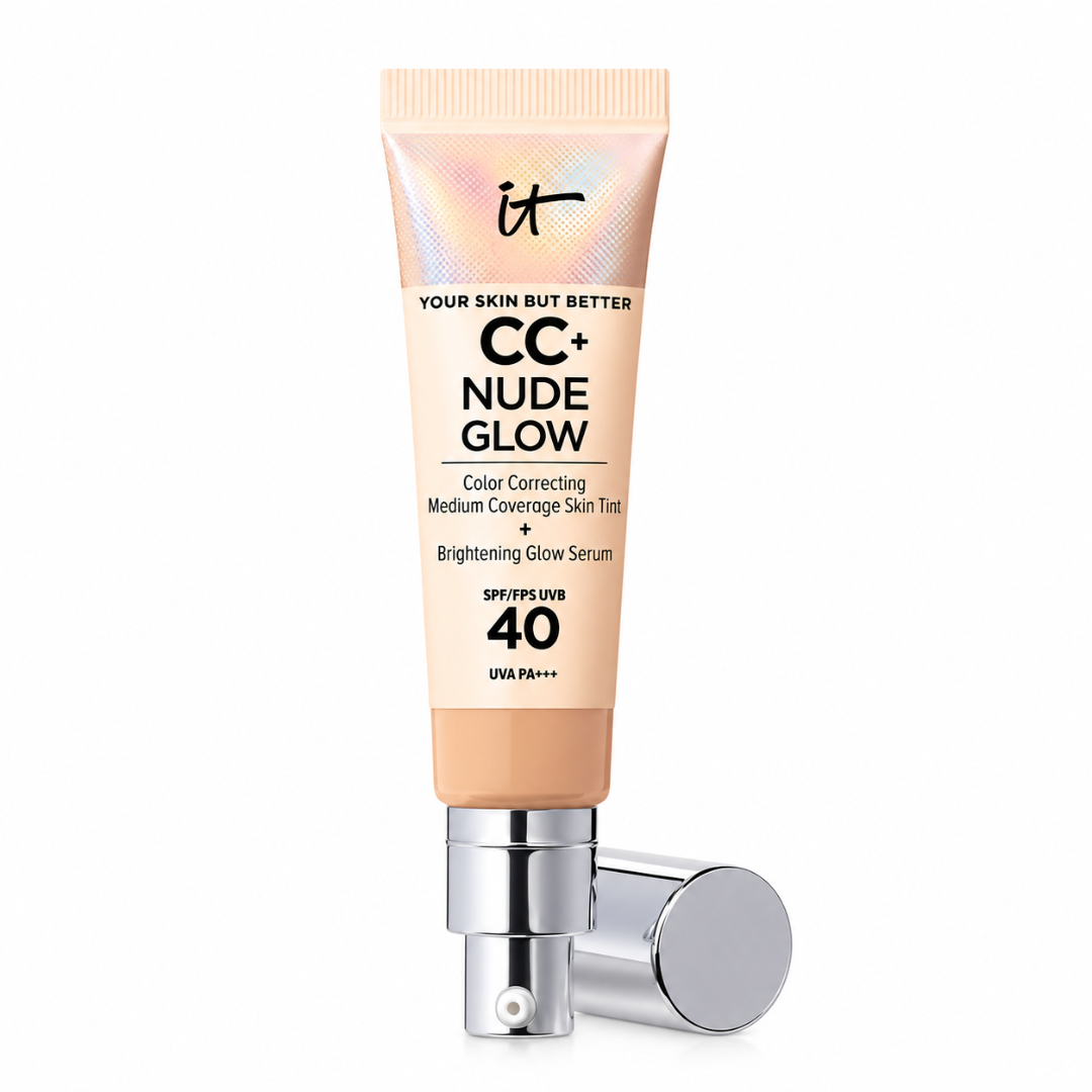 It Cosmetics CC+ Nude Glow Color Correcting Medium Coverage Skin Tint in a squeeze tube with a silver pump and cap, shown on a white background.