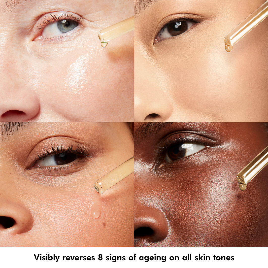 Collage of close-up shots of faces with a dropper applying a product, highlighting its effectiveness on various skin tones.