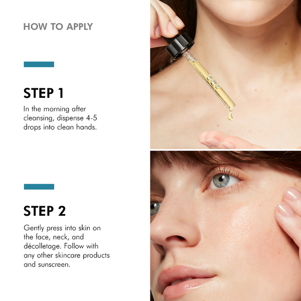Step-by-step guide on applying skincare product with close-up of application.