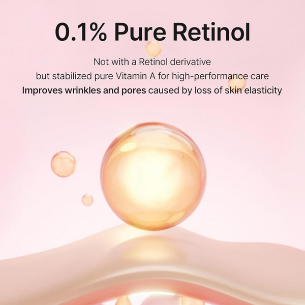 Advertisement for 0.1% Pure Retinol with a pink background and text about its benefits.
