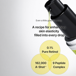 Vial of skincare serum with text about ingredients and benefits on a light gray background