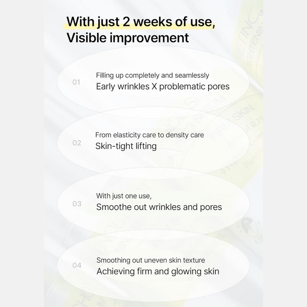 Text on a white background highlighting skin improvement benefits with a skincare product.