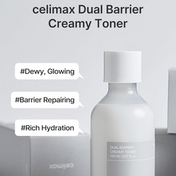 Celimax Dual Barrier Creamy Toner bottle with text highlighting benefits on a light gray background