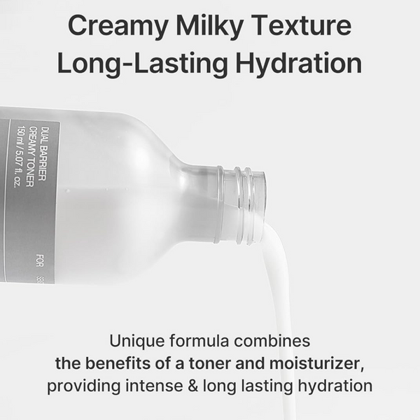 Bottle of cream with text highlighting creamy milky texture and long-lasting hydration.