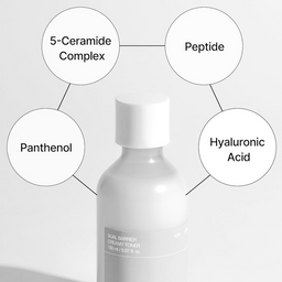 Skincare bottle with labeled ingredients on a light gray background