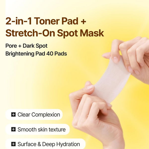 A promotional graphic for a 2-in-1 toner pad and stretch-on spot mask. The image shows a person's hands stretching a translucent white patch, demonstrating its flexibility.