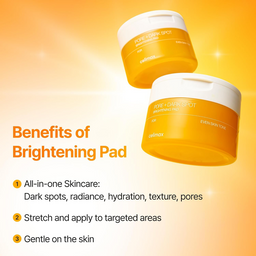 Two jars of Cellmax Pure + Dark Spot Brightening Pads floating on a warm yellow-orange gradient background with text listing benefits of brightening pad skincare.