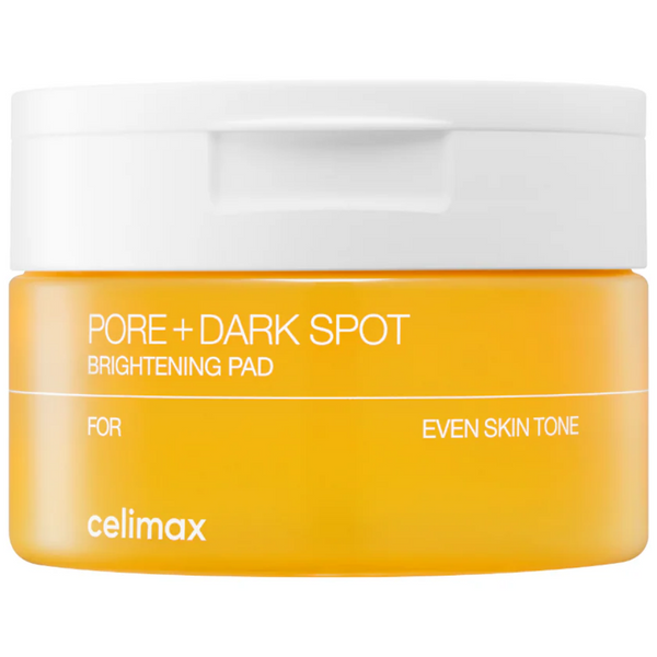A jar of Cellimax Pore + Dark Spot Brightening Pad with a bright yellow-orange body and a white lid, shown on a plain white background.