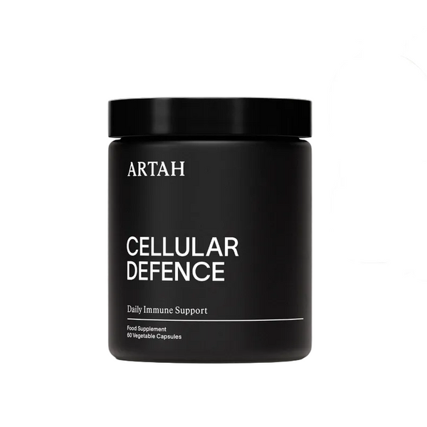 Black supplement jar labeled 'Cellular Defence' by ARTAH on a light gray background with feature logos.