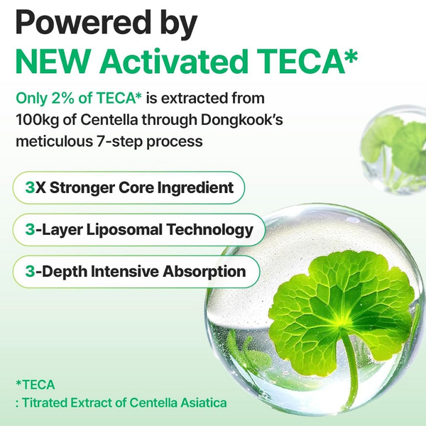 Advertisement for a skincare product powered by NEW Activated TECA with a close-up of a green leaf in a clear container.