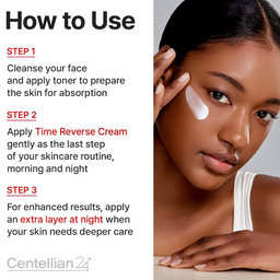 Skincare product advertisement with a woman applying cream and usage instructions.