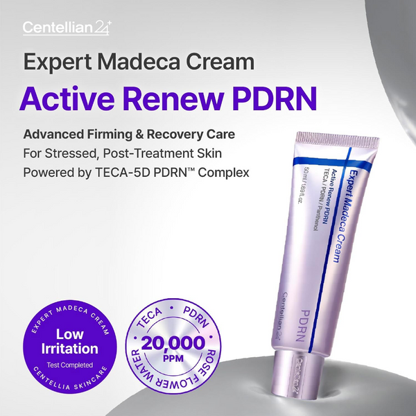 Expert Madeca Cream Active Renew PDRN with branding and product details on a light gray background