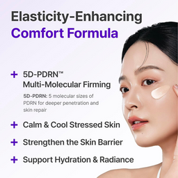 Advertisement for a skincare product with a woman's face and text about elasticity-enhancing comfort formula.