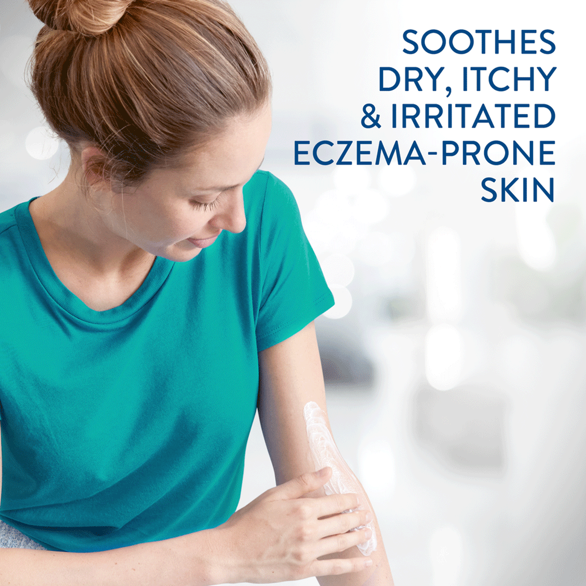 Model pouring Cetaphil Pro Eczema Lotion. Text: soothes dry, itchy and irritated eczema prone skin